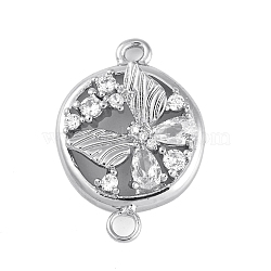 Brass Pave Clear Cubic Zirconia Connector Charms, Cadmium Free & Nickel Free & Lead Free, Flat Round with Butterfly, Platinum, 23.5x16x5mm, Hole: 1.8mm(KK-Z066-08P)