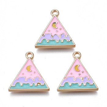Rack Plating Alloy Enamel Pendants, Cadmium Free & Nickel Free & Lead Free, Light Gold, Triangle with Wave & Moon, Pink, 18.5x18x2mm, Hole: 1.8mm