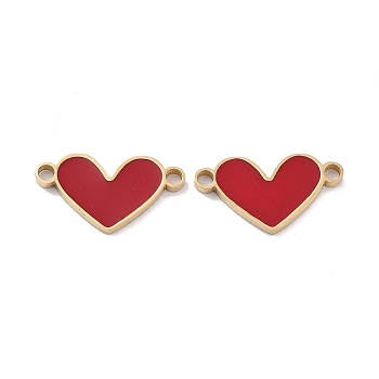 Ion Plating(IP) 304 Stainless Steel Enamel Connector Charms, Love Heart Links, Golden, Valentine's Day, FireBrick, 8.5x16x1mm, Hole: 1.6mm