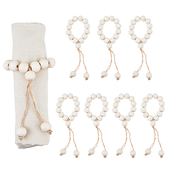 Wooden Beaded Napkin Rings, Napkin Holder Adornment, with Jute Tassel, Creamy White, Inner Diameter: 5.5cm, 8pcs/set