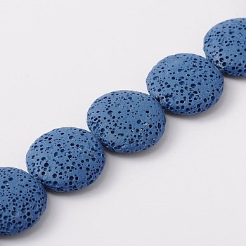 Lentil Dyed Synthetic Lava Rock Beads Strands, Blue, 20x7mm, Hole: 1mm, about 19pcs/strand, 15.3 inch