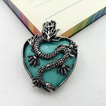Synthetic Turquoise Heart Pendants, Antique Silver Plated Metal Dragon Wrapped Charms, 42x32x11mm
