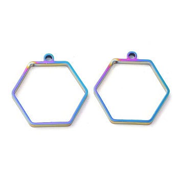 304 Stainless Steel Open Back Bezel Hexagon Pendants, For DIY UV Resin, Epoxy Resin, Pressed Flower Jewelry, Rainbow Color, 28x28x3mm, Hole: 2.2mm, Inner Diameter: 23x26mm