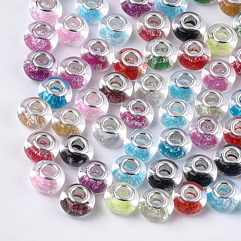 Resin European Beads, Large Hole Beads, with Glitter Powder and Platinum Tone Brass Double Cores, Rondelle, Mixed Color, 13.5~14x8.5~9mm, Hole: 5mm