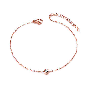 SHEGRACE Classic 925 Sterling Silver Anklet, with Flat Round Grade AAA Cubic Zirconia, Craved with S925, Rose Gold, 8-1/4 inch(21cm)