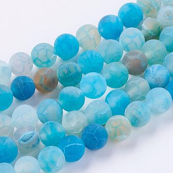 Natural Weathered Agate Beads Strands, Dyed, Frosted, Round, Deep Sky Blue, 8mm, Hole: 1mm, about 46pcs/strand, 15 inch