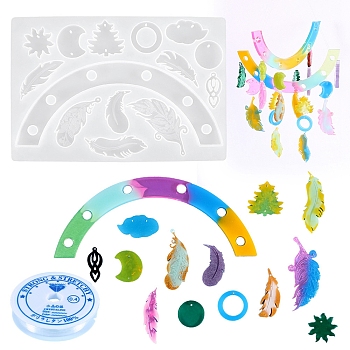 DIY Wind Chime Making Kits, including Moon/Feather/Tree Pendant Silicone Molds, Elastic Crystal Thread, White, 140x210x9mm