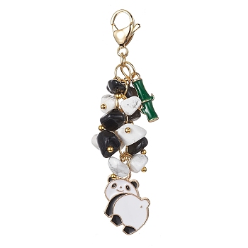Panda Alloy Enamel Pendant Decorations, Natural Obsidian & Synthetic White Howlite Chip Beads and 304 Stainless Steel Lobster Claw Clasps Charms, White, 65mm