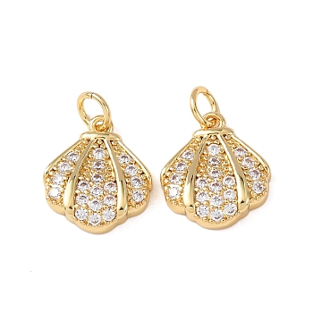 Brass Micro Pave Cubic Zirconia Charms, Cadmium Free & Lead Free, Rack Plating, Long-Lasting Plated, with Jump Ring, Real 18K Gold Plated, Shell Shape, 14x13x3.5mm, Hole: 3.5mm