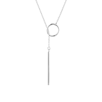SHEGRACE Rhodium Plated 925 Sterling Silver Lariat Necklace, with Ring and Bar Pendant, Platinum, 39.37 inch (100cm)