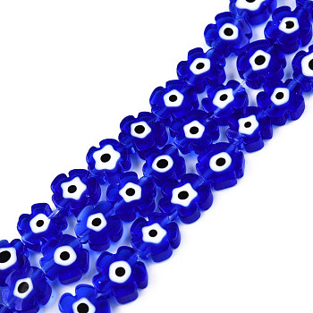 Handmade Evil Eye Lampwork Beads Strands, Flower, Blue, 7~9.5x7~9x2.5~3mm, Hole: 1mm, about 54pcs/strand, 16.14 inch(41cm)