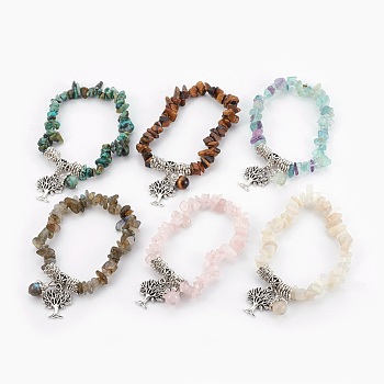 Natural Mixed Stone Beads Charm Bracelets, with Alloy Finding, 2 inch(5cm), 6pc/set
