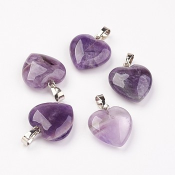 Natural Amethyst Pendants, Heart, with Brass Findings, Platinum, 22~23x20~20.5x6~7.5mm, Hole: 5x8mm