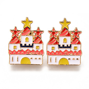 Alloy Enamel Brooches, Enamel Pin, with Brass Butterfly Clutches, Castle, Light Gold, Cadmium Free & Nickel Free & Lead Free, Colorful, 25x18x2mm, Pin: 1mm