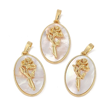 Rack Plating Brass Pave Shell Oval Pendants, Birth Flower Charms, Real 18K Gold Plated, Long-Lasting Plated, Lead Free & Cadmium Free, Seashell Color, 25.5x16x4.5~5.5mm, Hole: 5.5x3mm