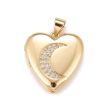 Brass Micro Pave Cubic Zirconia Locket Pendants, Photo Frame Charms for Necklaces, Real 18K Gold Plated, Lead Free & Cadmium Free, Heart with Moon, Clear, 20.5x19x5mm, Hole: 4x3mm, Inner Diameter: 12x13.5mm