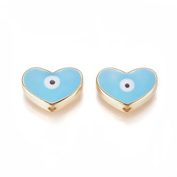 Golden Tone Brass Beads, with Enamel, Heart with Evil Eye, Sky Blue, 11x15x4.5mm, Hole: 1.6mm