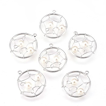 Brass Pendants, with Acrylic Pearl Beads, Nickel Free, Flat Round, Real Platinum Plated, 20.5x18x4mm, Hole: 1mm