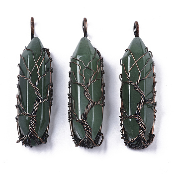Natural Green Aventurine Big Wire Wrapped Pendants, with Brass Wires, prismatic with Tree of Life, Red Copper, 48~62x14~17x13~18mm, Hole: 4x5~6mm