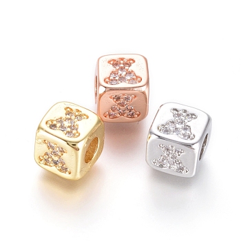 Brass Beads, with Micro Pave Cubic Zirconia, Cube with Bear, Clear, Mixed Color, 6x6x6mm, Hole: 3mm