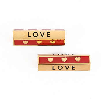 316 Surgical Stainless Steel Enamel Beads, Hexagonal Prism with Word Love & Heart, Real 14K Gold Plated, 19.5x6.5x6mm, Hole: 1.5mm