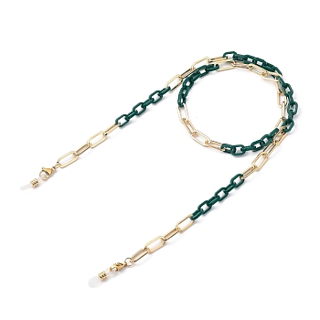 Eyeglasses Chains, Neck Strap for Eyeglasses, with Cellulose Acetate(Resin) & Iron Paperclip Chains, 304 Stainless Steel Lobster Claw Clasps and Rubber Loop Ends, Light Gold, Dark Green, 27.36~27.76 inch(69.5~70.5cm)