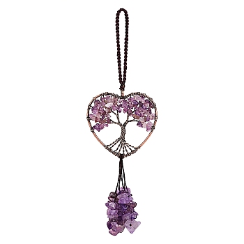 Wire Wrapped Chips Natural Amethyst Big Pendant Decorations, with Red Copper Plated Brass Wires and Nylon Cord, Heart with Tree of Life, 160mm, 1pc