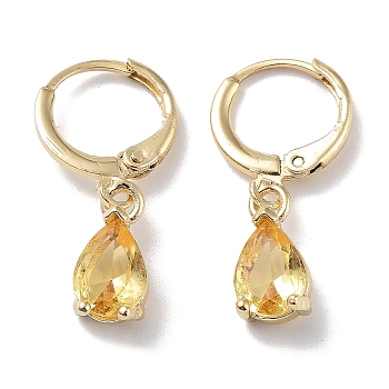 Real 18K Gold Plated Brass Dangle Hoop Earrings, with Glass, Teardrop, Goldenrod, 26x6mm