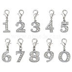 10Pcs 10 Styles Number 0~9 Alloy Rhinestone Pendant Decorations, with Lobster Claw Clasps, Platinum, 27mm, 1pc/style(HJEW-YW00549)