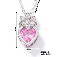 Fashionable Brass Cubic Zirconia Crown Heart-Shaped Pendant Dapped Chain Necklaces for Women, Platinum, Hot Pink, 15.75 inch(40cm)(SM2288-7)