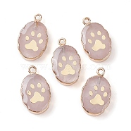 Natural Rose Quartz Oval Pendants, Golden Plated Brass Oval Charms with Paw Print, 22~22.5x13~13.5x4.5mm, Hole: 1.6~1.8mm(G-C102-07G-02)