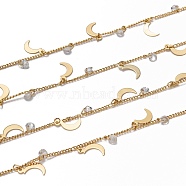 Handmade Brass Curb Chains, with Cubic Zirconia Charms and Spool, Long-lasting Plated, Soldered, Diamond Shapes & Moon, Golden, Link: 2x1.5x0.3mm, Diamond Shapes: 4x2mm, Moon: 11.5x5.5mm, about 32.8 Feet(10m)/roll(CHC-I036-66G)