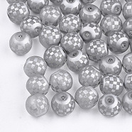 Electroplate Glass Beads, Plaid Beads, Frosted, Round with Tartan Pattern, Silver, 8~8.5mm, Hole: 1.5mm(EGLA-S178-04G)