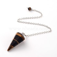 Platinum Tone Brass Tiger Eye Cone Hexagonal Pointed Dowsing Pendulums, with Lobster Claw Clasps, 230x3mm(MAK-M015-01D)