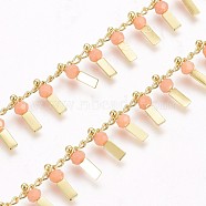 3.28 Feet Handmade Glass Beaded Chains, with Real 18K Gold Plated Brass Curb Chains, Long-Lasting Plated, Soldered, Lead Free & Cadmium Free, Rectangle, Coral, 2.5x1.8x0.3mm, Rectangle: 9x3x3mm(X-CHC-I029-09G)