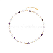Stainless Steel Link Chain Necklaces for Women, with Natural Pearl and Natural Amethyst Chip Beads, Golden, 16.93 inch(43cm)(CU9392-1)