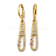 Real 18K Gold Plated Brass Dangle Leverback Earrings, with Enamel and Cubic Zirconia, Evil Eye, Pearl Pink, 38.5x6mm(EJEW-A033-17G-01)