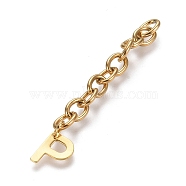 304 Stainless Steel Chain Extender, with Cable Chain and Letter Charms, Golden, Letter.P, Letter P: 11x8.5x0.7mm, 67.5mm, Link: 8x6x1.3mm(STAS-K206-09G-P)