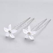 Iron Hair Forks, with Rhinestone and Lampwork, Flower, Silver Color Plated, 67~68mm(OHAR-T005-01)