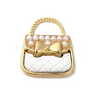 Alloy Enamel Charms, with ABS Plastic Imitation Pearl Beads, Cadmium Free & Nickel Free & Lead Free, Golden, Handbag with Bowknot Charm, White, 18.5x16x4.5mm, Hole: 4.5x8mm(ENAM-F144-06B)