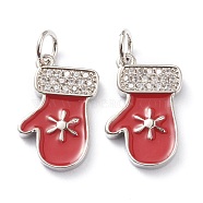 Christmas Style Brass Micro Pave Clear Cubic Zirconia Pendants, with Red Enamel & Jump Rings, Long-Lasting Plated, Glove, Platinum, 17x11x2mm, Hole: 3mm, Jump Ring: 5x1mm(ZIRC-Z008-01P)