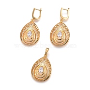 (Jewelry Parties Factory Sale)Brass Micro Pave Cubic Zirconia Jewelry Sets, Pendant and Earrings, Long-Lasting Plated, teardrop, Real 24K Gold Plated, 34x23x8mm, Hole: 5x6mm, 48mm, Pin: 1mm(SJEW-F189-16G)