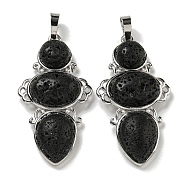 Natural Lava Rock Pendants, Rack Plating Brass Flower Charms, Cadmium Free & Lead Free, Platinum, 47x24x6.5mm, Hole: 7.5x5mm(G-Q158-04R)