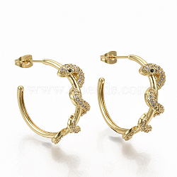 Brass Micro Pave Clear Cubic Zirconia Stud Earrings, Half Hoop Earrings, with Earring Backs, Snake, Real 16K Gold Plated, 30x28mm, Pin: 1mm(EJEW-S208-019)