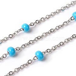 304 Stainless Steel Cable Chains, Satellite Chains, with Enamel, Soldered, with Spool, Flat Oval, Deep Sky Blue, 2.4x2x0.4mm, Beads: 4mm, about 32.8 Feet(10m)/roll(CHS-E016-01G)
