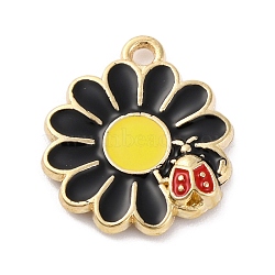 Alloy Enamel Pendants, Golden, Daisy with Ladybird Charm, Black, 18.5x16x3mm, Hole: 1.6mm, 10pcs/set(ENAM-Q001-06G-01)