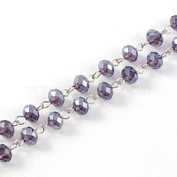 Handmade Rondelle Glass Beads Chains for Necklaces Bracelets Making, with Iron Eye Pin, Unwelded, Platinum, Medium Orchid, 39.3 inch, about 88pcs/strand(AJEW-JB00120-02)
