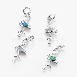 Synthetic Opal Pendants, with Brass Findings, Crane, Platinum, Mixed Color, 25mm, Hole: 4.5mm(ZIRC-F091-04-P)
