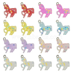 28Pcs 7 Colors Transparent Resin Pendants, Unicorn Charms with Colorful Star Paillette and Platinum Plated Iron Loops, Mixed Color, 23x19x4mm, Hole: 1.8mm, 4pcs/color(RESI-TA0002-20)