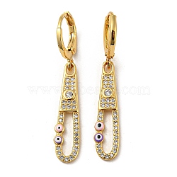 Real 18K Gold Plated Brass Dangle Leverback Earrings, with Enamel and Cubic Zirconia, Evil Eye, Pearl Pink, 38.5x6mm(EJEW-A033-17G-01)